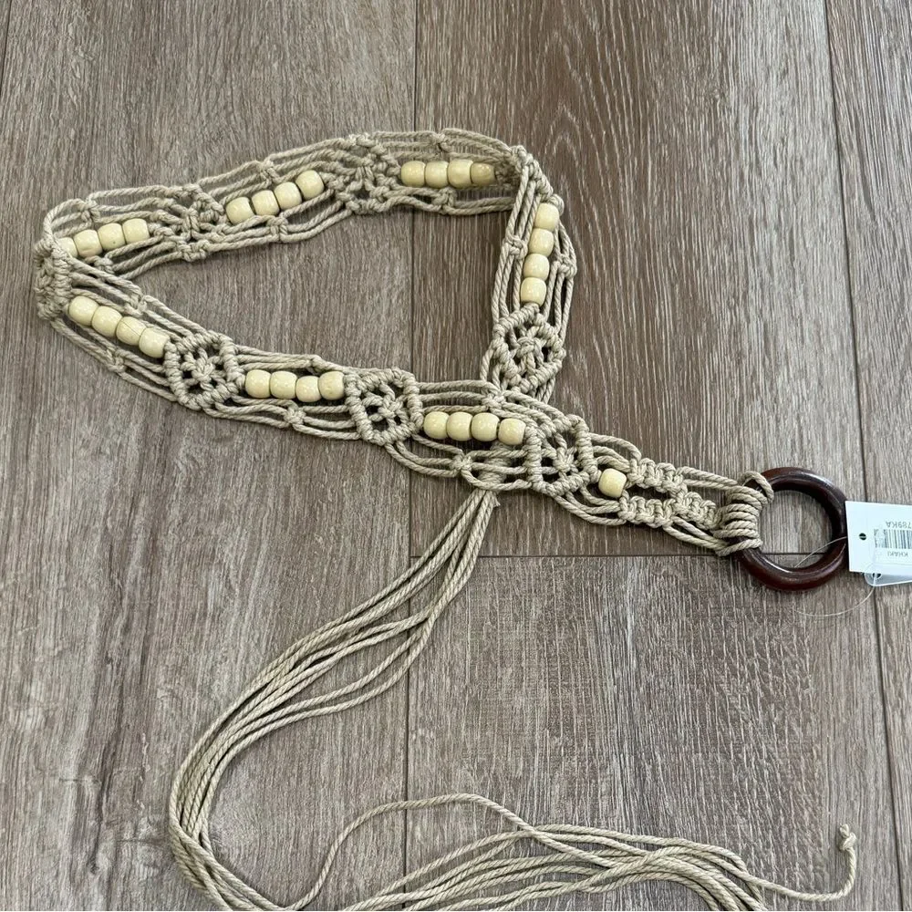 S O L D : Macrame Woven Rattan Straw Rope Braid Waist Belt O-Ring Wooden Buckle - Picture 4 of 15
